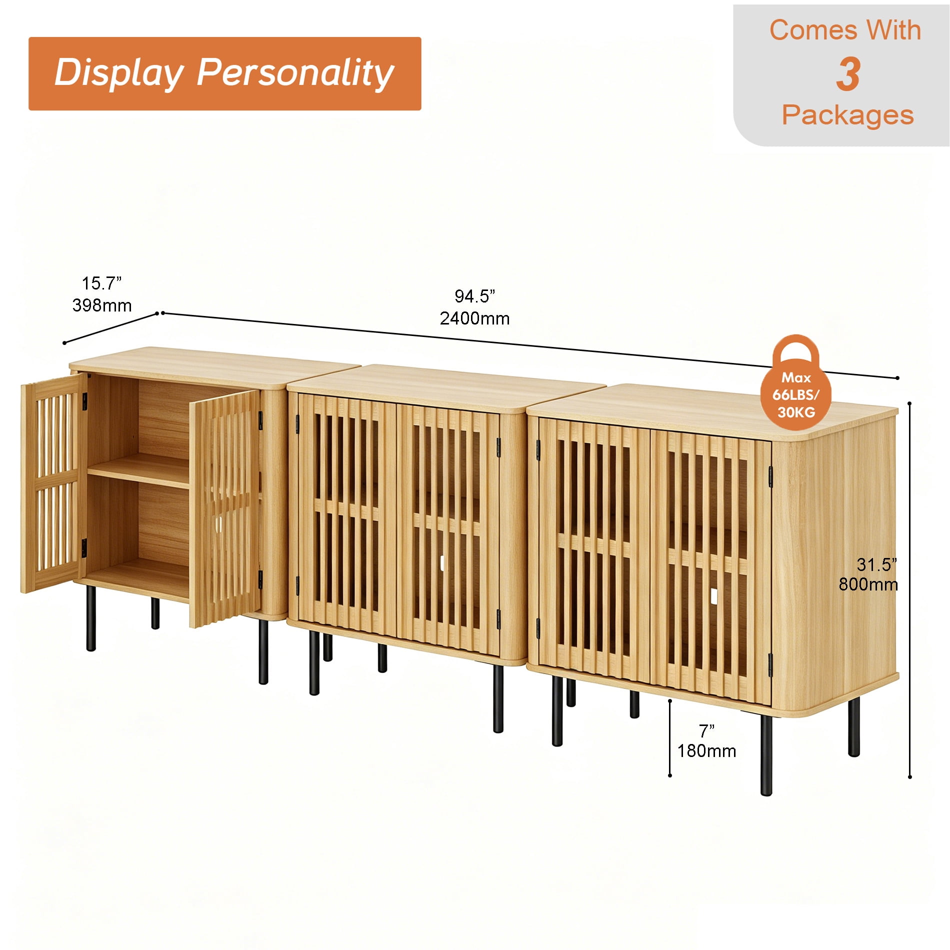 94.5" Mid Century Modern Sideboard Buffet Cabinet with Storage, Walnut