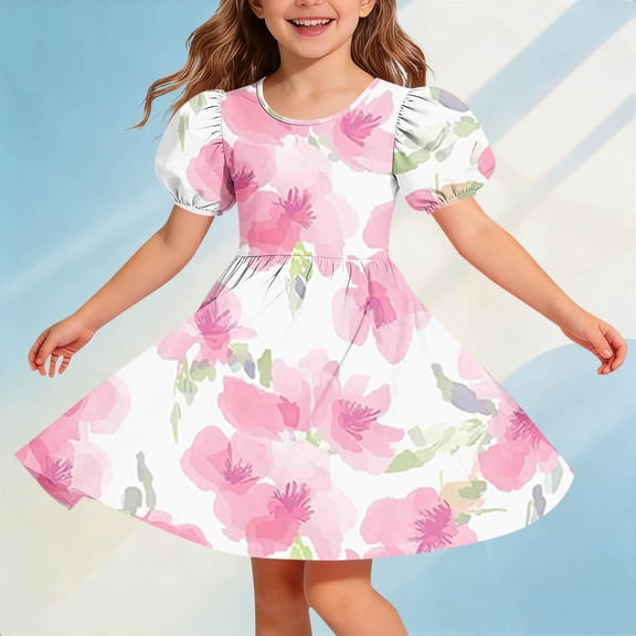 Amidoa Girl Dresses Twirl A-Line Skater Short Sleeve Dress Summer Casual Sundress for Kids Pink Size 7