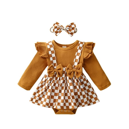 

Sunisery 2Pcs Kids Baby Girls Outfits Checkerboard Patchwork Long Sleeve Romper Headband Autumn Clothes Brown 18-24 Months