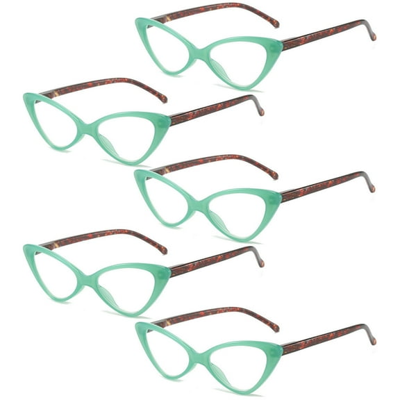5 Pairs of Green Classic Cat Eye Reading Glasses for Women, Blue Light Blocking Retro Readers 1.0, Ladies Plastic Spring Hinge Presbyopia Glasses  1.00