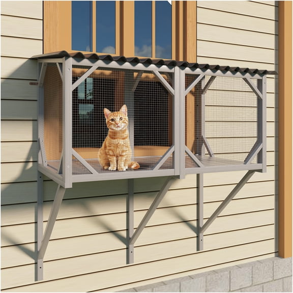 JERFIT Cat Window Enclosure for Large Cats, 3-Sided Mesh Panoramic View Catio Perch with Wood Frame, Grey