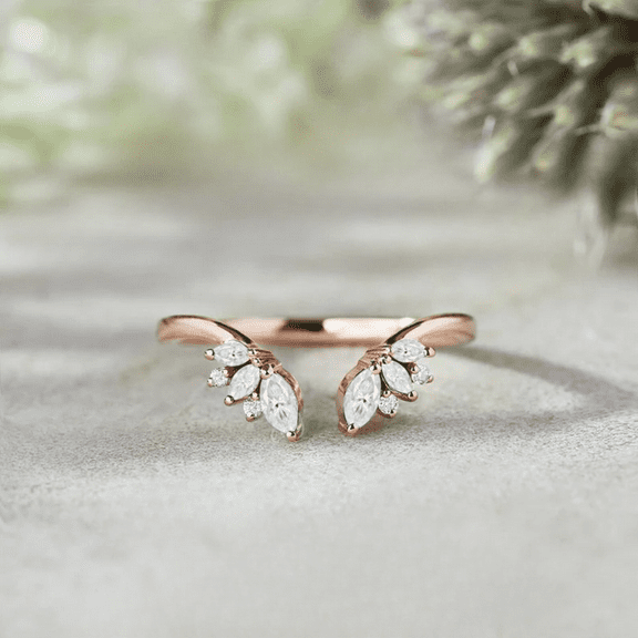 Marquise Cut White Diamond Wedding Band in 14k Rose Gold Vermeil - Birthday Gift For Wife