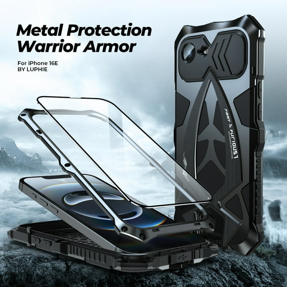 Dteck Case for iPhone 16e, Military Grade Cover 360 Full Protection Heavy Duty Hybrid Metal Bumper Built-in Silicone Shockproof with Screen Protector for iPhone 16e,Black