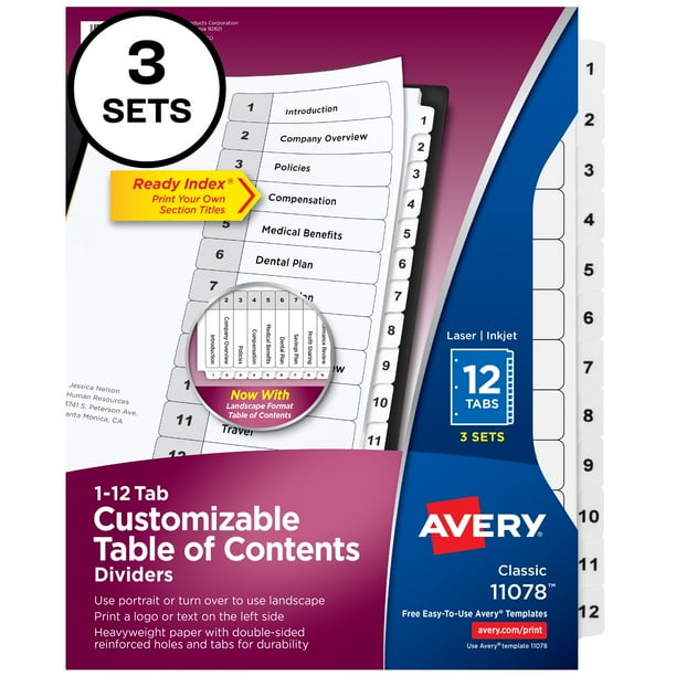 Avery Ready Index 12 Tab Binder Dividers, Customizable Table of
