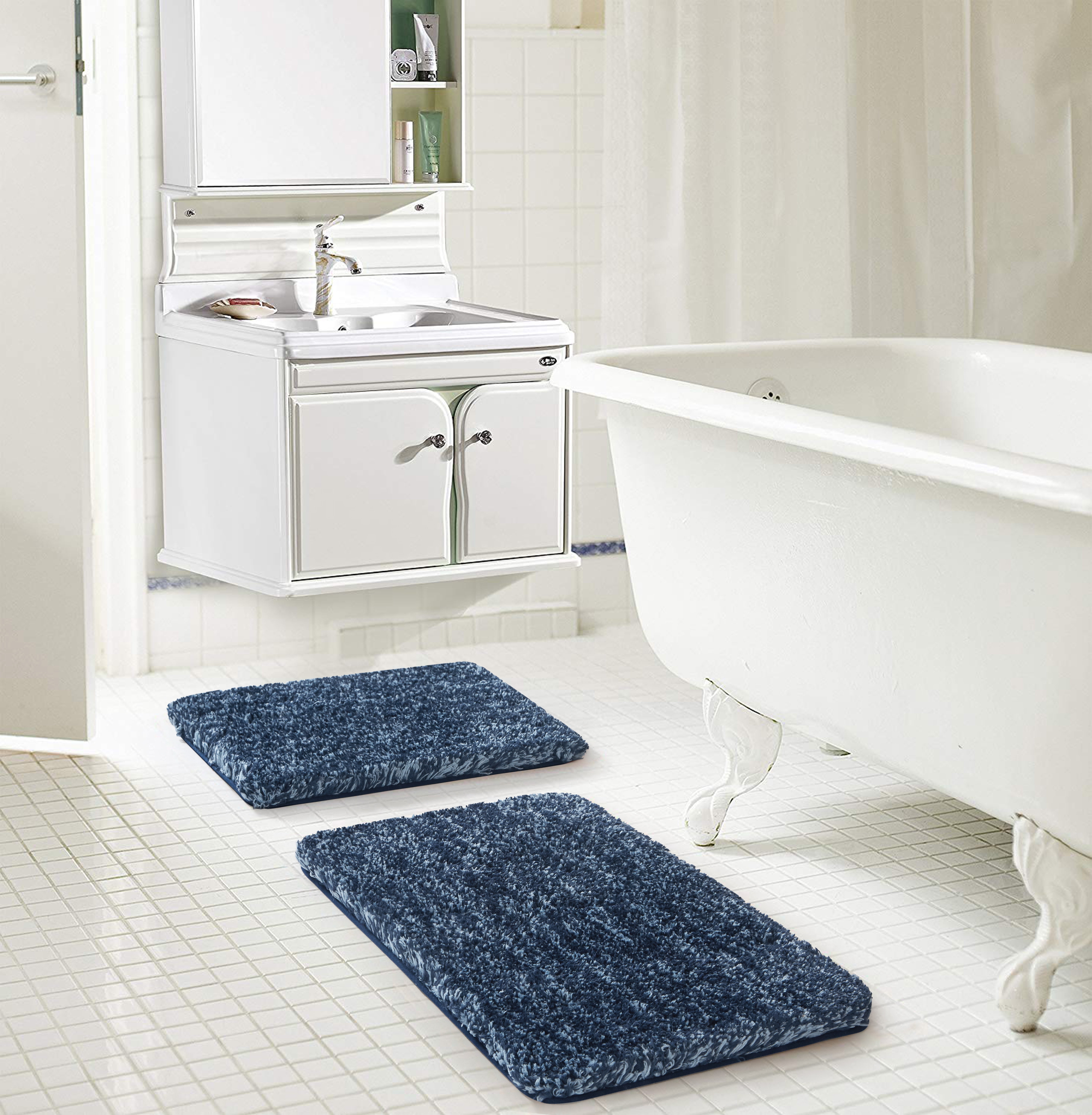 Microfiber 2 Pieces Aquatic Blue & Beige Bathroom Bath Rug Pedestal Mat Set 
