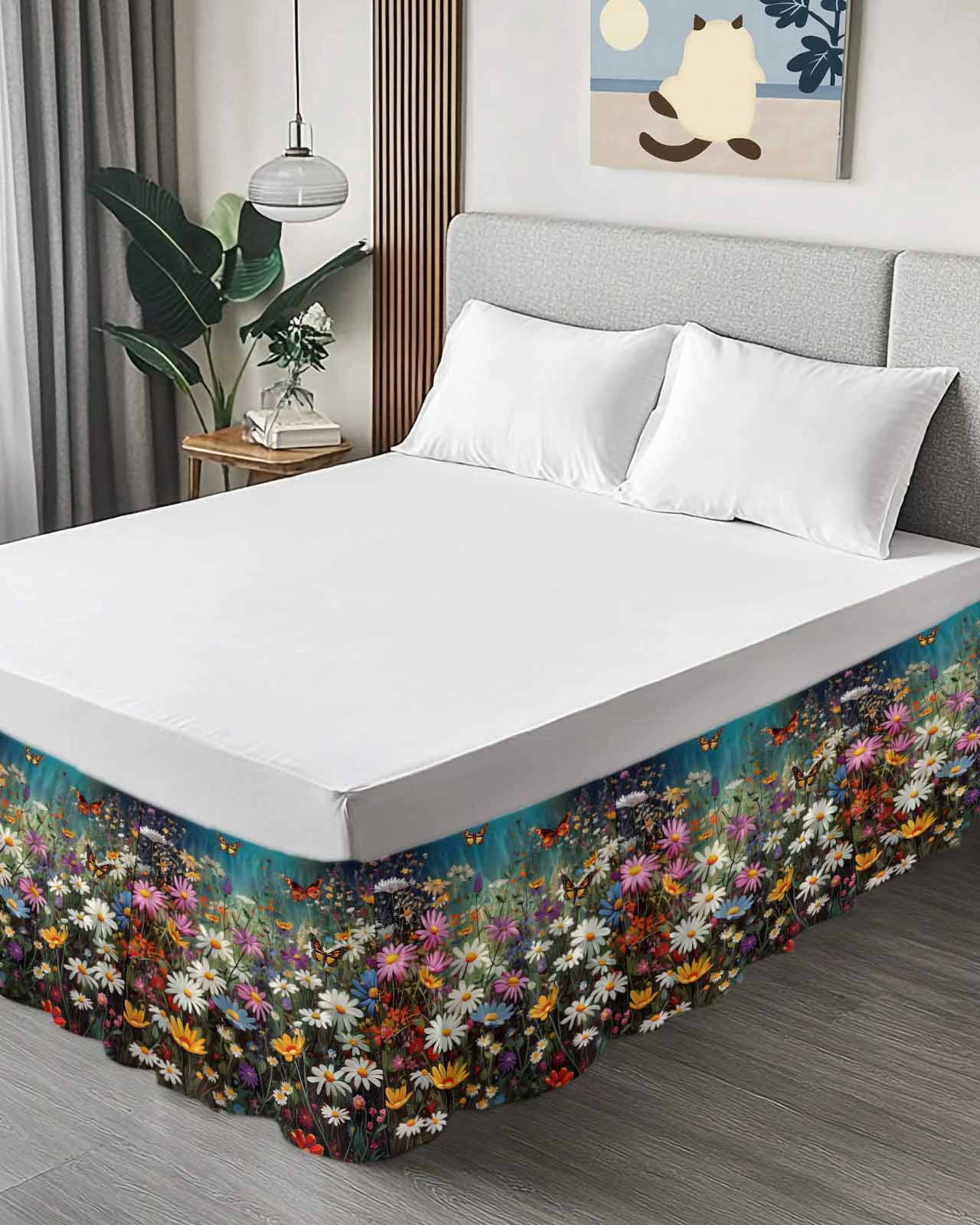 Spring Floral Bed Skirt Queen Size, Colorful Daisy Summer Botanical Butterfly Wrap Around Bed Skirting with Adjustable Elastic Strap, Dust Ruffle Pleated Bedskirts 16 Inch Drop for Bedroom Queen Beds