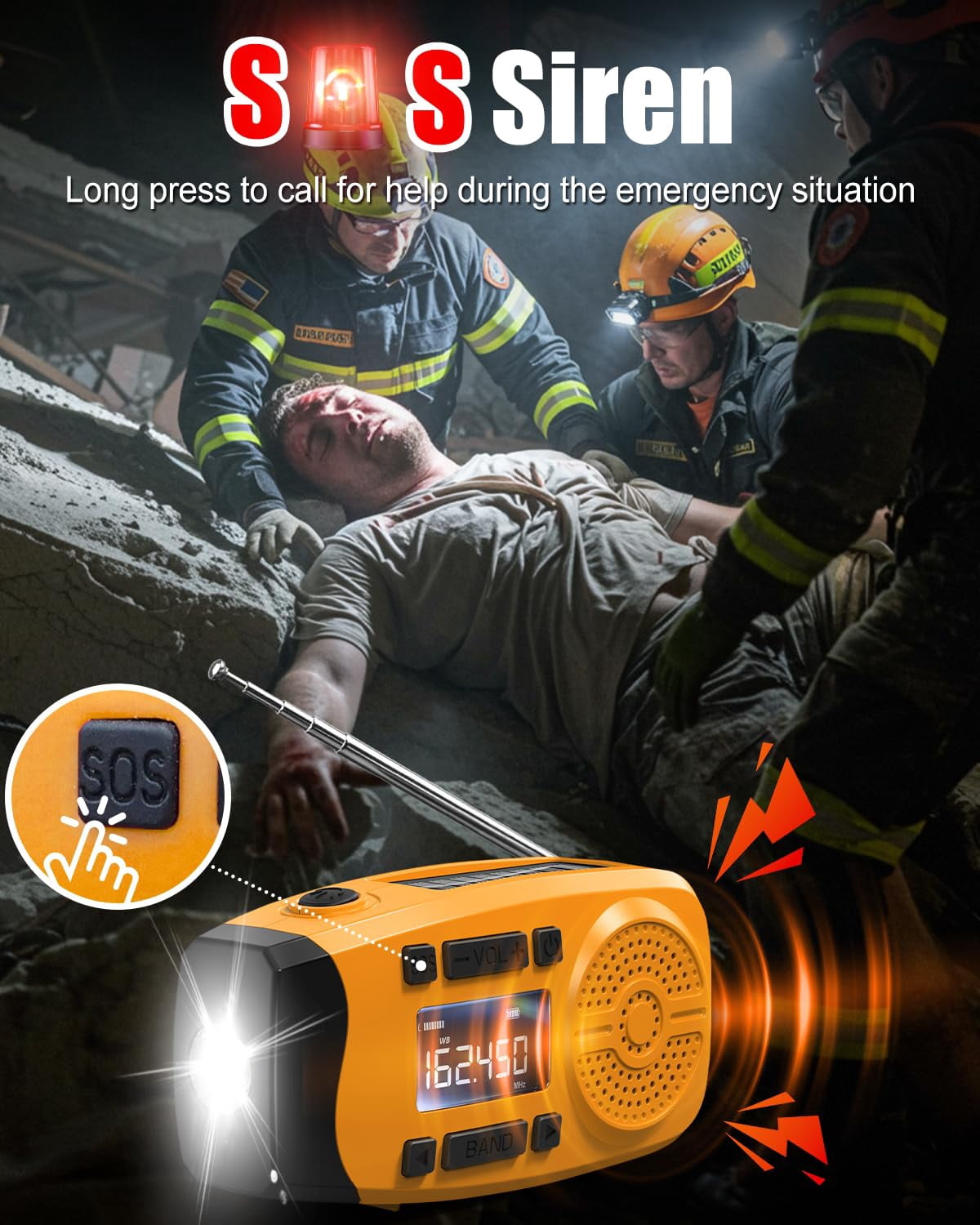 Emergency Weather Radio  7400mwh Hand Crank With Lcd Display Support Alert Usb/solar/hand 1w Flashlight&sos Alarm For Outdoor&home (orange)
