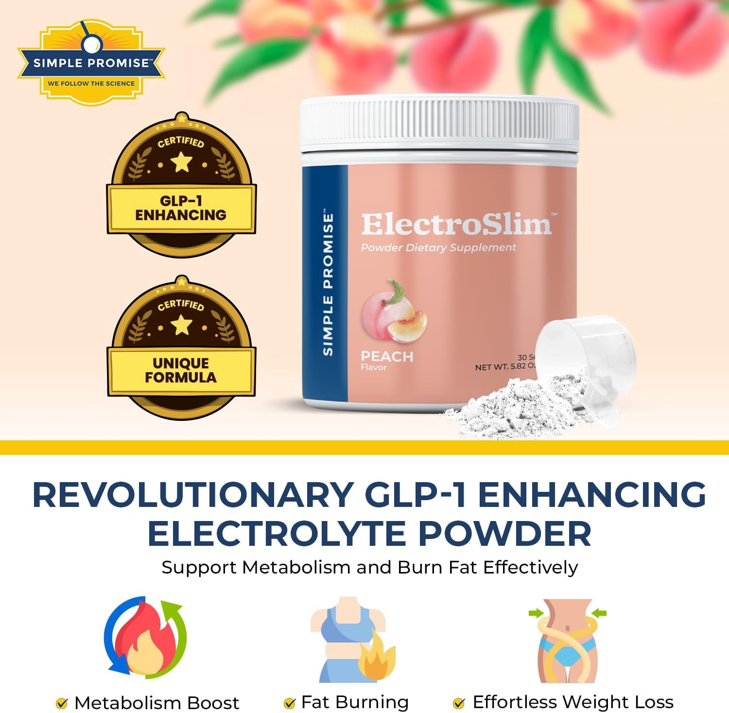 Simple Promise ElectroSlim - Sugar-Free Keto Electrolytes Powder -  No Sugar Formula for Daily Energy Support and  Hydration, Low Sodium Organic Electrolytes Powder,   - 30 Servings, Peach Flavor