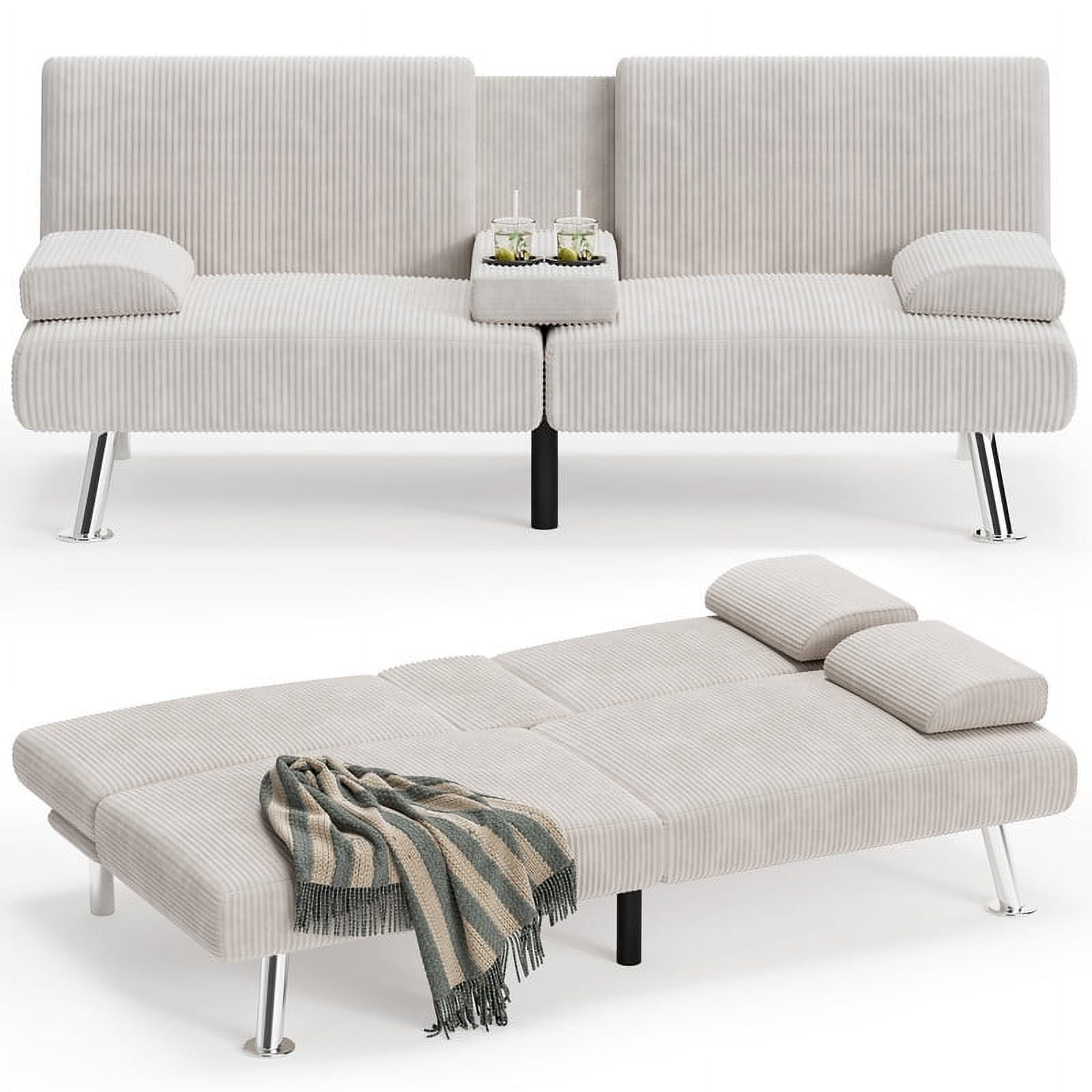 Vineego Convertible Corduroy Futon Sofa Bed with Removable Armrests,Beige