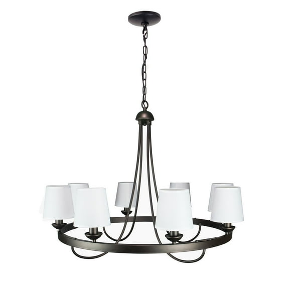 Cenports Baden Rustic Wagon Wheel Light Fixture with 8 Bulb and White Fabric Shades, Overhead Lighting with Vintage Black Frame for Foyer, Home, Living or Dining Room