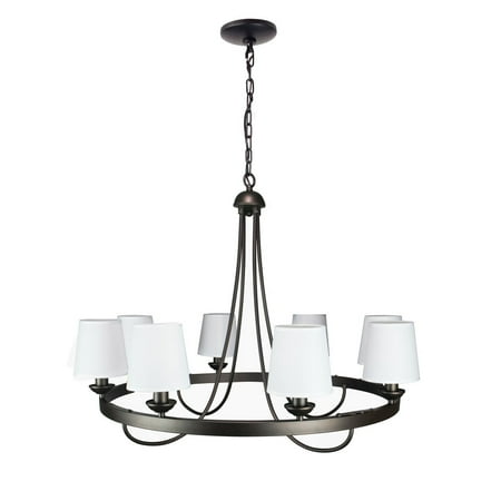 

Offex Baden Rustic Wagon Wheel Light Fixture with 8 Bulb and White Fabric Shades Overhead Lighting with Vintage Black Frame For Foyer Home Living or Dining Room