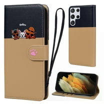 Cute Cartoon Wallet Phone Case for Samsung Galaxy S21 Ultra, with Card Holder Soft PU Leather Kickstand Cover for Men and Women Magnetic Shockproof Protective with Lanyard, Khaki