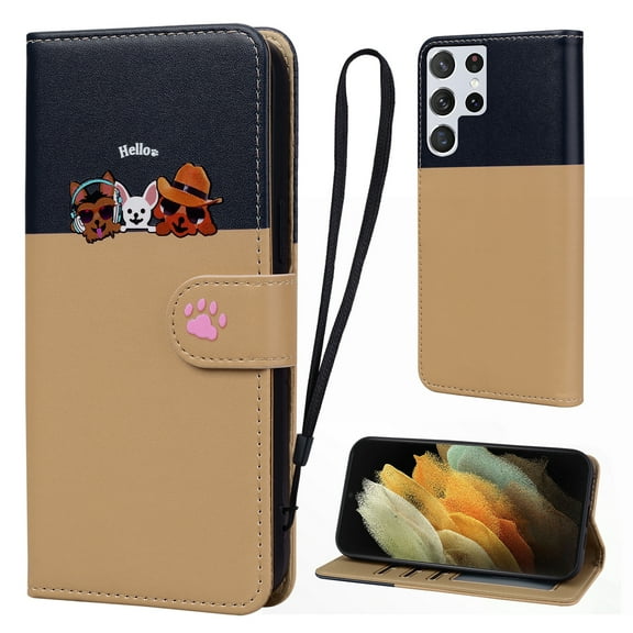 Cute Cartoon Wallet Phone Case for Samsung Galaxy S21 Ultra, with Card Holder Soft PU Leather Kickstand Cover for Men and Women Magnetic Shockproof Protective with Lanyard, Khaki