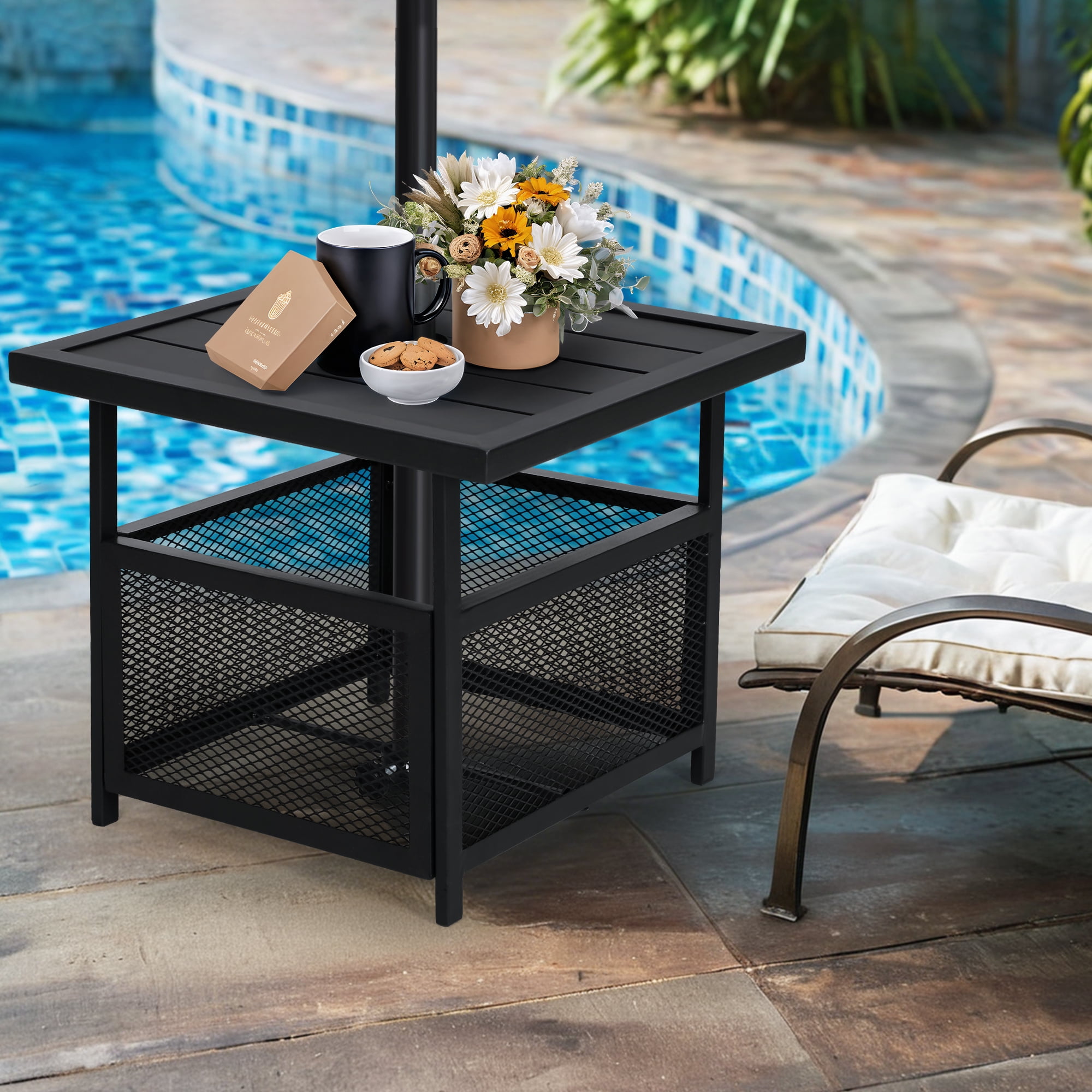 SUNCROWN Patio Bistro Table Outdoor Square Metal Outdoor Metal Umbrella Base Stand with 1.57" Umbrella Hole, Black