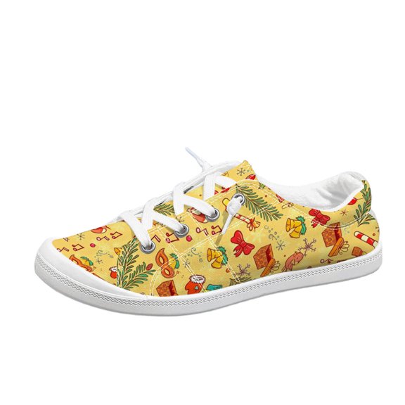 EKVAHL Christmas Tennis Shoes For Women, Colorful Festive Printed Canvas Sneakers, Soft Low Top Daily Walking Shoes Great For Holiday Parties Yellow