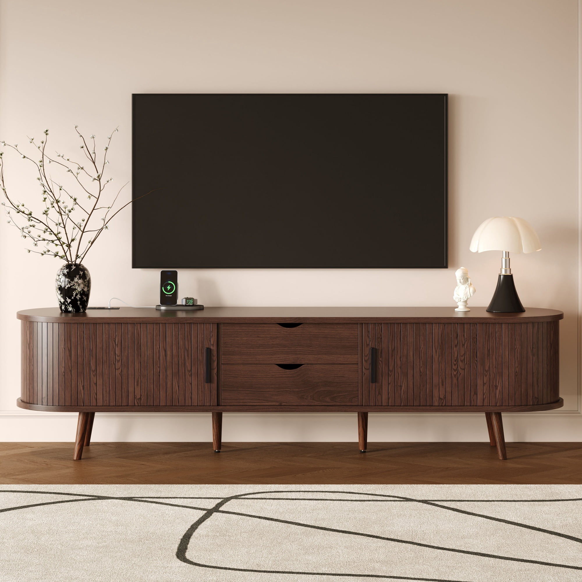 TV Stand for TVs up to 80 Inch, Mid-Century Modern Entertainment Center with Tambour Doors & Power Outlet, Media Console for Living Room
