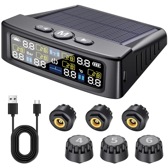 RV Tire Pressure Monitoring System,TPMS Tire Pressure Monitor with 6 Sensors, TPMS Solar Charge & USB Color LCD Display, 0-9.9BAR/144PSI Range, 6 Alarm Modes for RV/Trailer