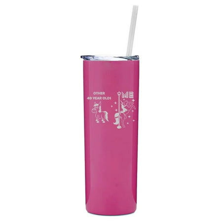 

20 oz Skinny Tall Tumbler Stainless Steel Vacuum Insulated Travel Mug Cup With Straw 40 Year Old Superstar Unicorn Funny 40th Birthday (Hot Pink)