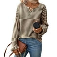 thumbnail image 2 of Lenpel Women's Long Sleeve Tops Trendy Notched V Neck Striped Textured Knit T Shirts Soft Casual Tees Loose Tunic Blouses(Brown,X-Large), 2 of 7