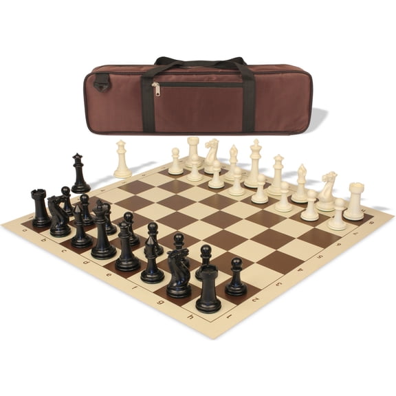 Executive Carry-All Plastic Chess Set Black & Ivory Pieces with Vinyl Rollup Board - Brown