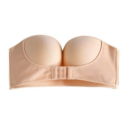 

harmtty Women Sexy Solid Color Strapless Front Buckle Wireless Bra Push up Bralette Apricot 85B
