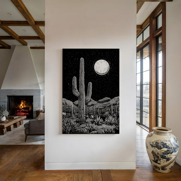 Saguaro Cactus Moonlit Desert Art, Black And White Southwestern Wall Decor, Night Sky Landscape Poster Wall Art, Modern Wall Decor, 8x12 UNFRAMED