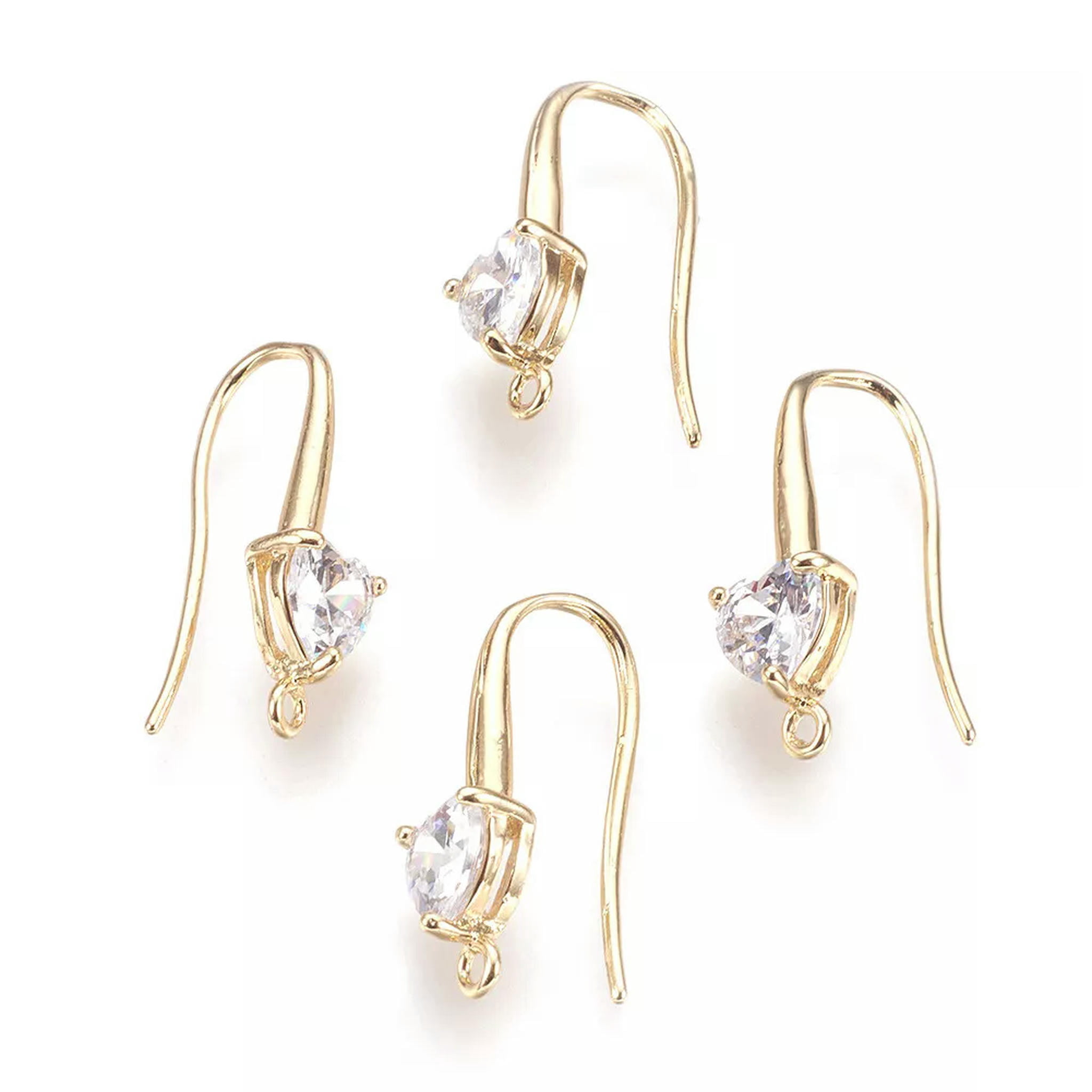 U8MO 20pc Brass Cubic Zirconia Earring Hooks Heart Gold Plated French Earwire 22x13mm