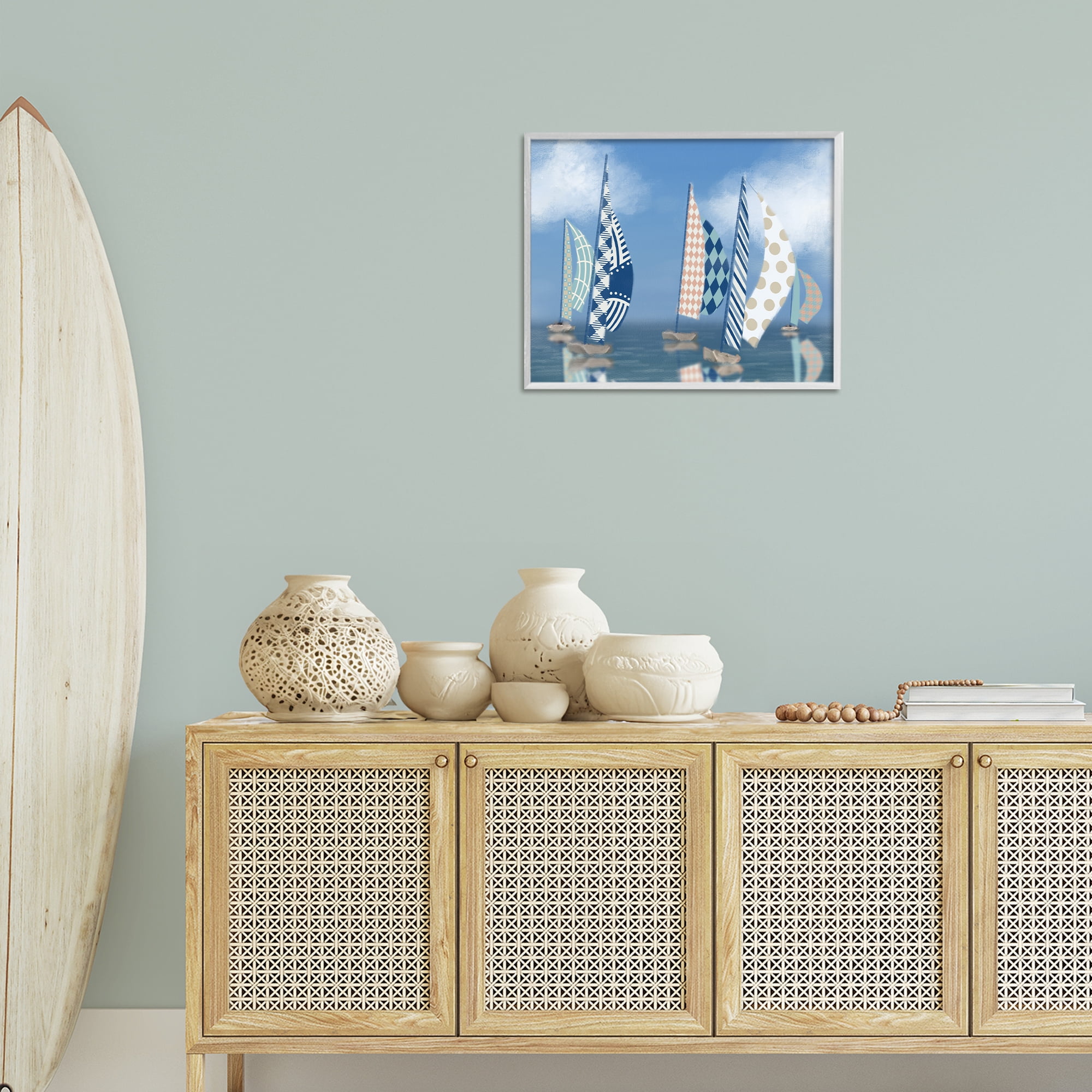 Stupell Industries Patchwork Coastal Sailboats Transportation Painting White Framed Art Print Wall Art, 20 x 16