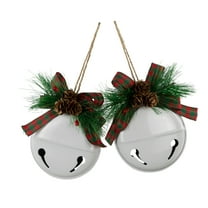 Jingle Bells with Pinecone Bows Disc Christmas Ornaments - 5" - White - Set of 2
