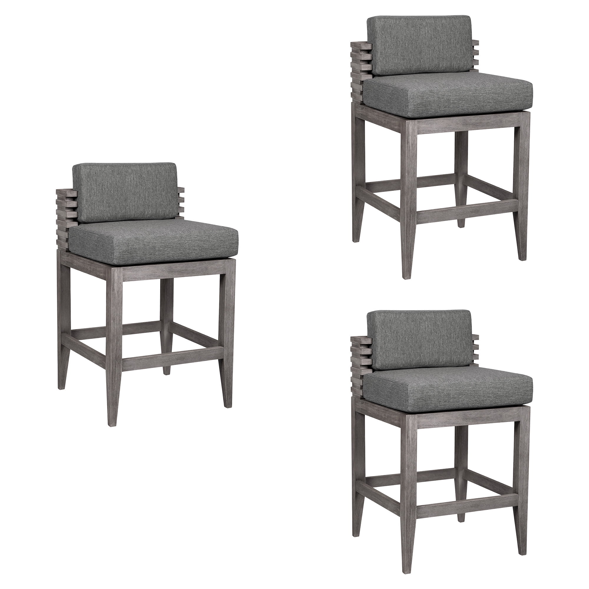 Vivid Outdoor Patio Counter Stool in Gray Eucalyptus Wood with Gray Olefin Cushions - Set of 3