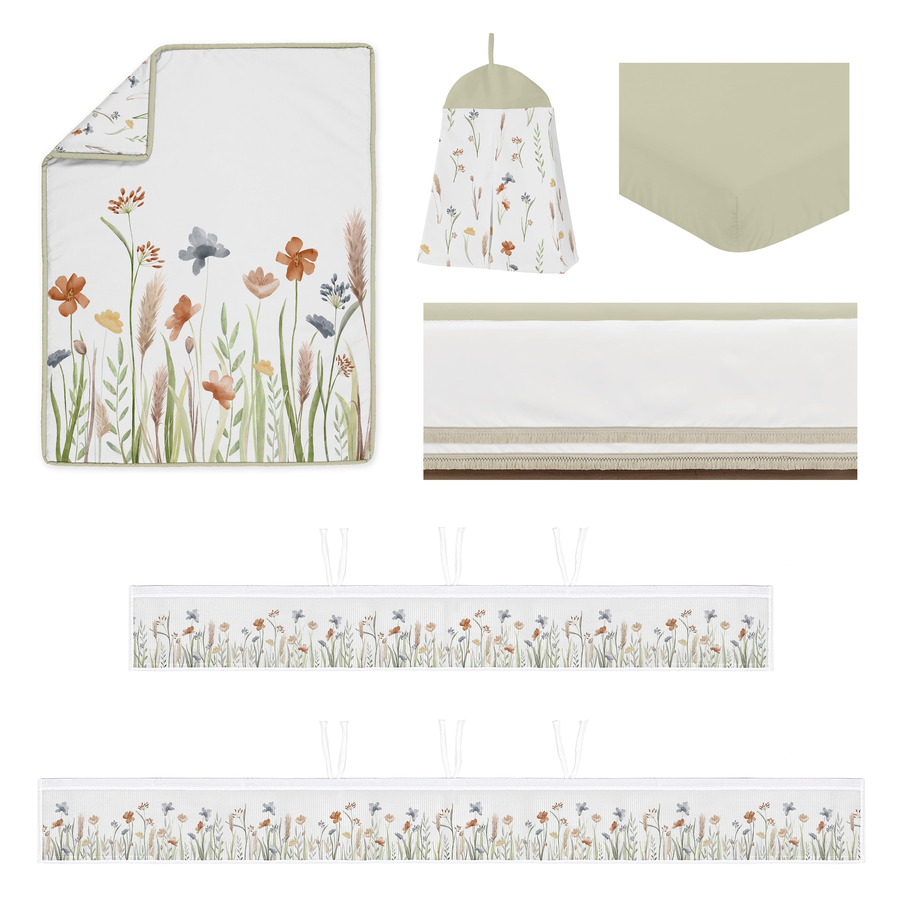 Sweet Jojo Designs Watercolor Floral Garden Sage Green Girl Crib Bedding + BreathableBaby Breathable Mesh Liner