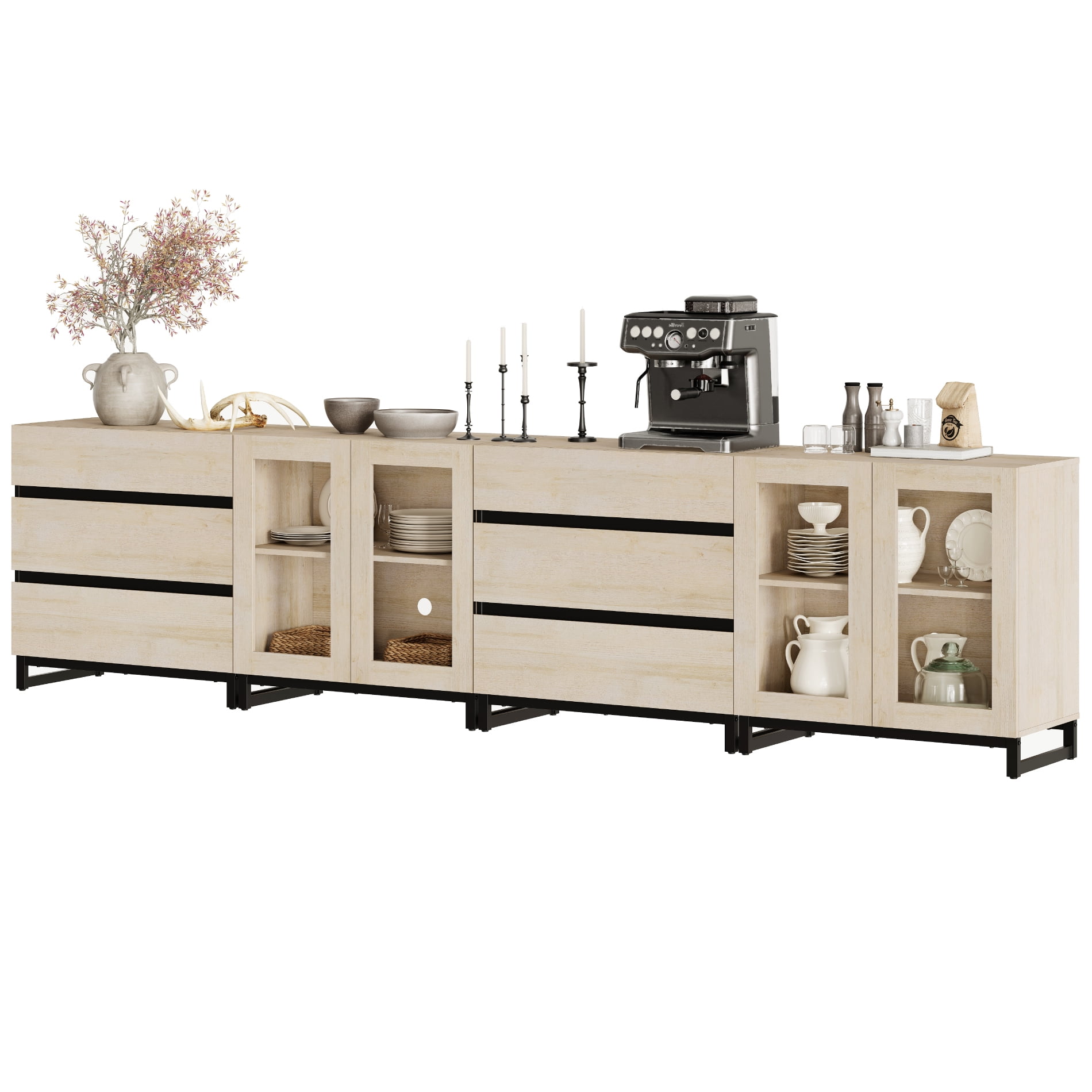 4 In 1 Modern Dresser with Glass Doors & 6 Drawers, Chest of Drawers with Adjustable Shelves, Multi-purpose Bedroom Closet Organizer Storage Cabinet,Beige