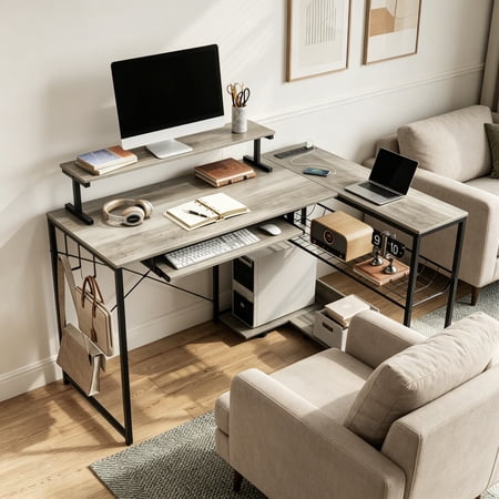 L Shaped Gaming Desk with Power Outlets & RGB Lights 46 L-Shaped Desk Computer Corner Desk with Monitor Stand & Storage Shelf & Hook Home Office Desk Writing Desk Grey