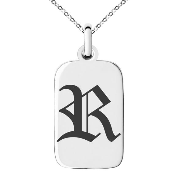 Stainless Steel Letter R Initial Old English Monogram Engraved Small Rectangle Dog Tag Charm Pendant Necklace
