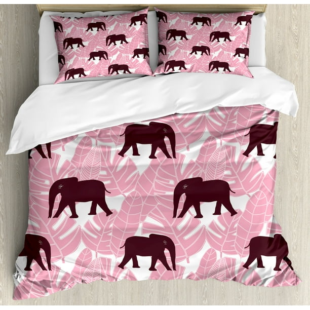 Elephant Duvet Cover Set Queen Size Rhythmic Tropical Pink Colored Palm Leaves And African Animals Print Decorative 3 Piece Bedding With 2 Pillow Shams Pastel Dark Fuchsia By Ambesonne Com Elephant Duvet Cover Set Queen Size, Elephant Print King Size Bedding