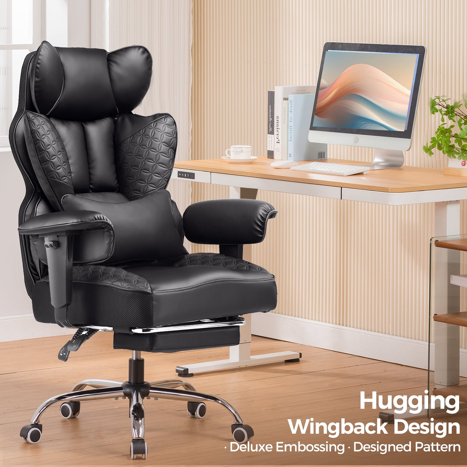 LUCKLIFE Big & Tall Office & Gaming Chair 400LBS Capacity, Wide Ergonomic Seat with Footrest, Adjustable Armrests, Black
