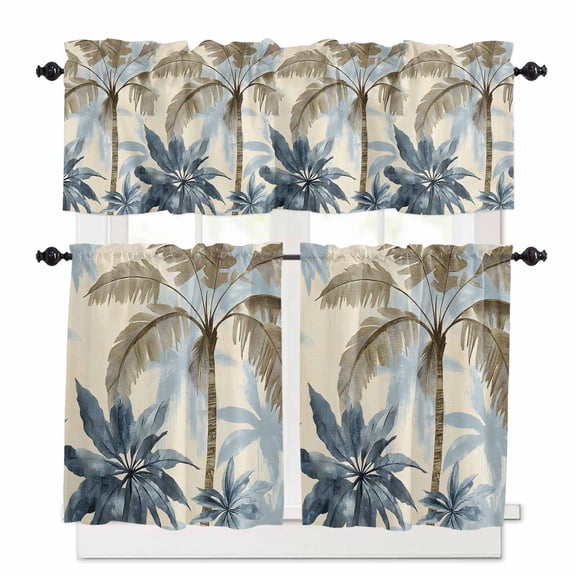 Watercolor Tree Kitchen Curtains and Valances Set, Palm Trees Vintage Rod Pocket Window Valance 18 Inch Window Curtain Panels for Living Room Bedroom Laundry, 27.5x24in, 3 Pieces