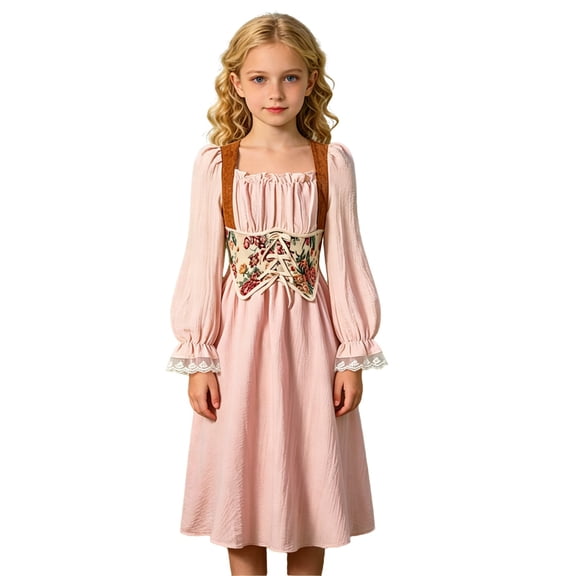 Rggeeun Baby Girls Dresses Solid Color Ruffled Long Sleeve Square Neck with Front Floral Print Slim Fit Pleated Ruffle Trim Ankle Length for Summer Beach Lounging Graceful Playwear,Pink,8-9 Years