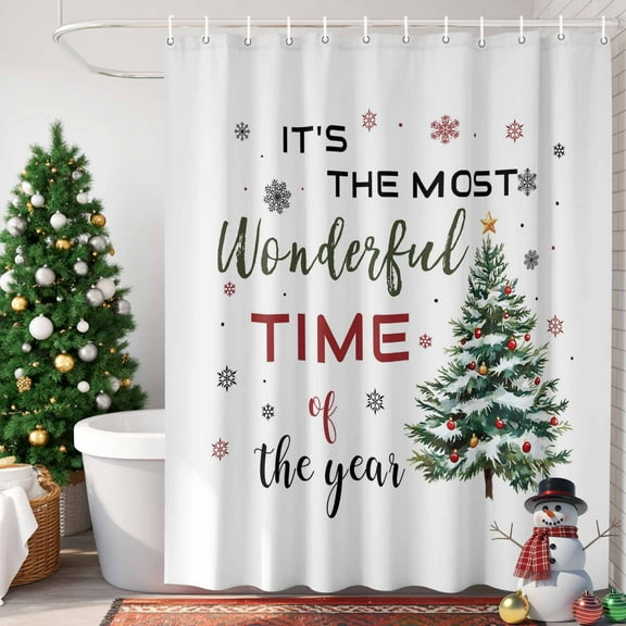 Christmas Tree Shower Curtain, 48" x 72", It's The Most Wonderful Time of The Year Snow Waterproof Bathroom Curtain Washable Shower Curtain Set with 12 Hooks