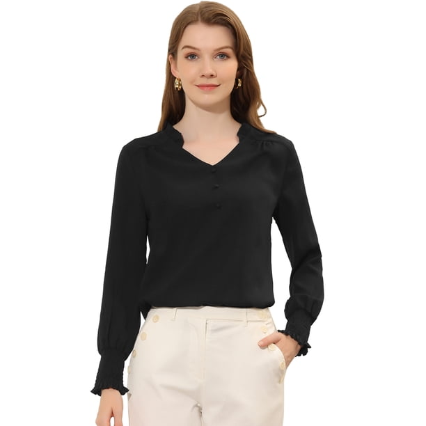 INSPIRE CHIC Blusa elegante de manga larga con cuello en V y volantes para mujer Negro L