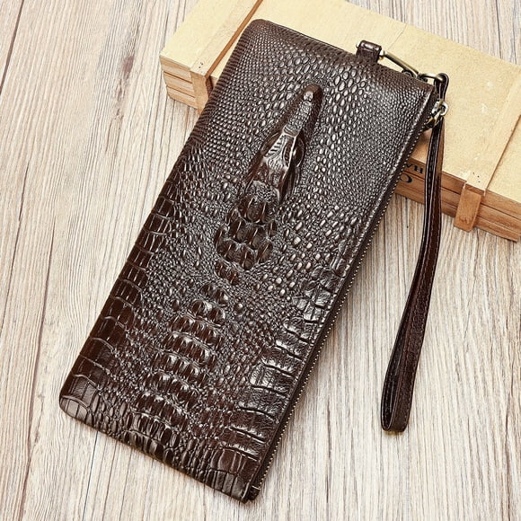 Tonnylam Cartera vintage de piel auténtica, cartera larga de piel de vacuno con estampado de cocodrilo para hombre, cartera de negocios con múltiples ranuras para tarjetas