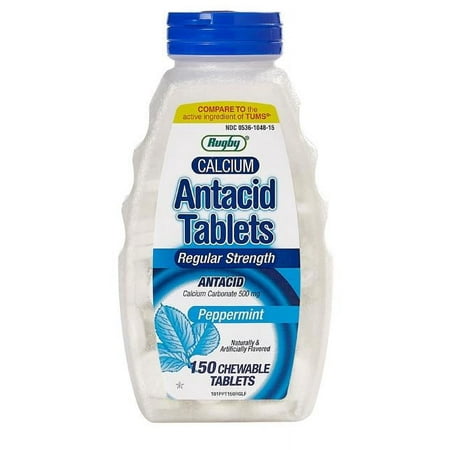 Rugby Calcium Carbonate 500mg Antacid Tablets Peppermint, Regular Strengh, 150 Chewable Tablets