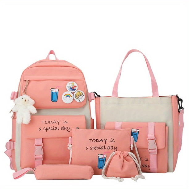 Juego De Mochila Kawaii De 5 Uds, Mochila Escolar De Estilo Preppy Con Bolso De Mano, Bandolera, Estuche Para Lápices Y Monedero Con Cordón