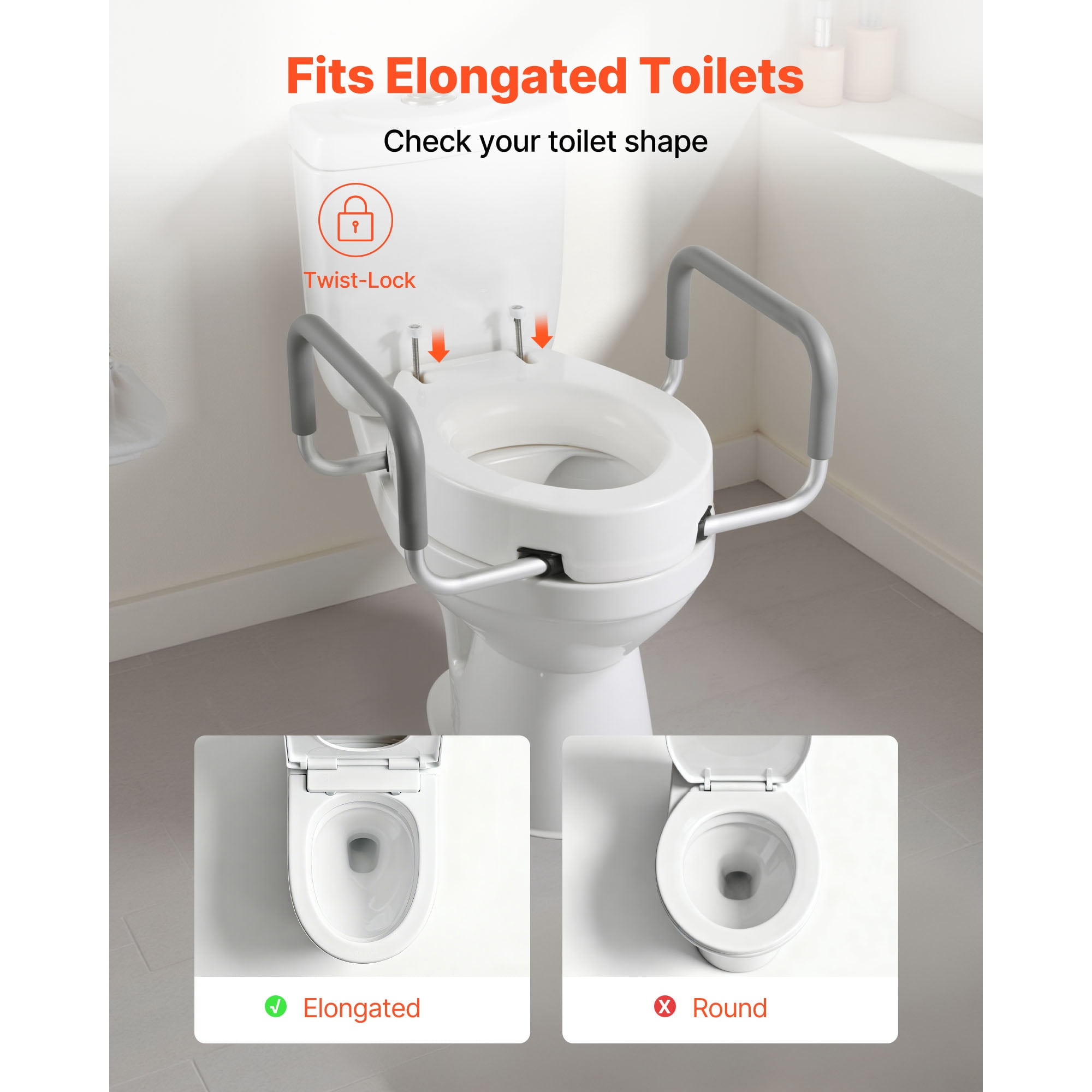 KFFKFF Raised Toilet Seat with Arms, 300 lbs Weight Capacity, 3.5-Inch Height Increase, Wide Elevated Commode Seat with Cushioned Handles for Seniors, Adults, and Individuals with Disabilities