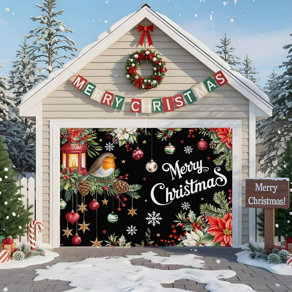 Fsddascl 7 x 8 Ft Christmas Garage Door Cover, Black Christmas Large Garage Door Banner, Xmas Botanical Birds Poinsettia Balls Hanging Garage Mural Background for Indoor Outdoor Xmas Party Supplies
