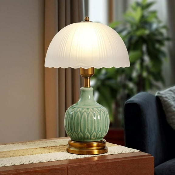 Green Ceramic Table Lamp, Modern Bedside Lamp, Mid Century Vintage Retro Glass Mushroom Desk Lamp for Nightstand, Living Room, Bedroom