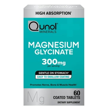 Qunol Magnesium Glycinate Tablets for Nerve, Bone, and Muscle Support, 300mg, 60 Count, Two Tablet Dose.