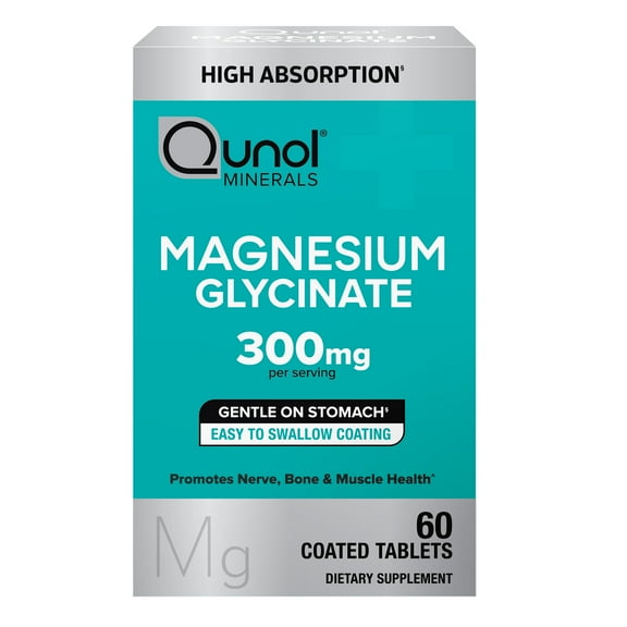 Qunol Magnesium Glycinate Tablets for Nerve, Bone, and Muscle Support, 300mg, 60 Count, Two Tablet Dose.