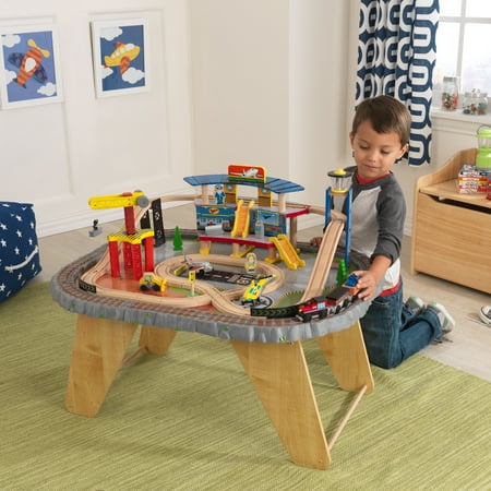 KidKraft 58-Piece Transportation Station Wooden Train Set and Table, Working Crane and Magnetic Train
