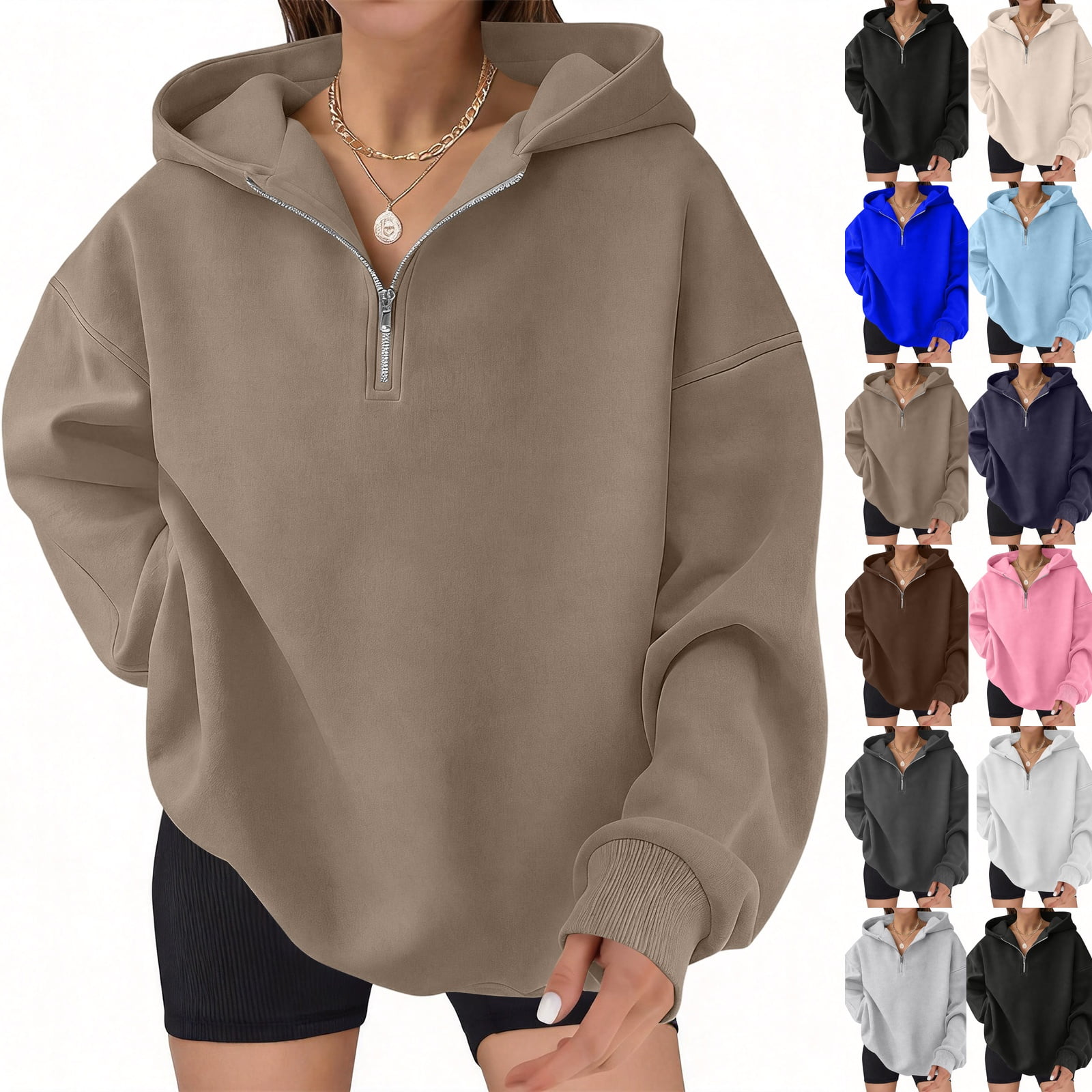 Womens Oversized Quarter Zip Hoodies | Comfy FLeece Long Sleeve Sweatshirts ,Casual Loose Fit ,Fall Fashion Clothes, Daily,Workout & Travel Camel 2XL